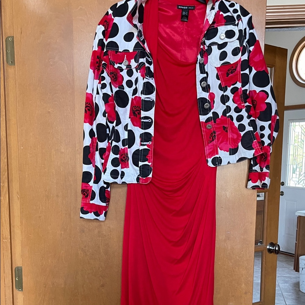 Mango Red Dress with Black and White Patterned Jacket